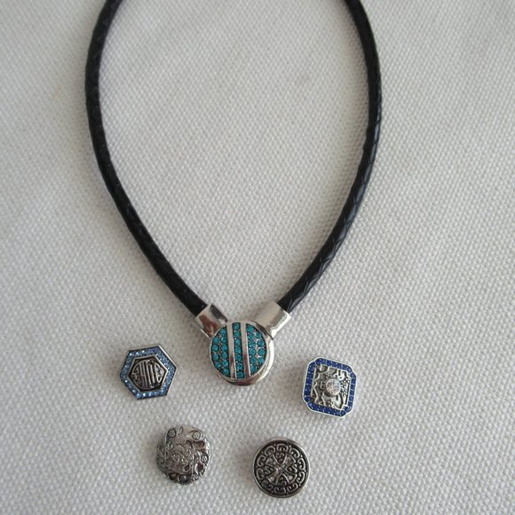 Silver Choker Necklace w/ Interchangeable Pendants Black Braided Leather Cord - Picture 1 of 8